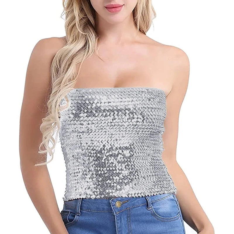 Women Sparkling Strapless Crop Top