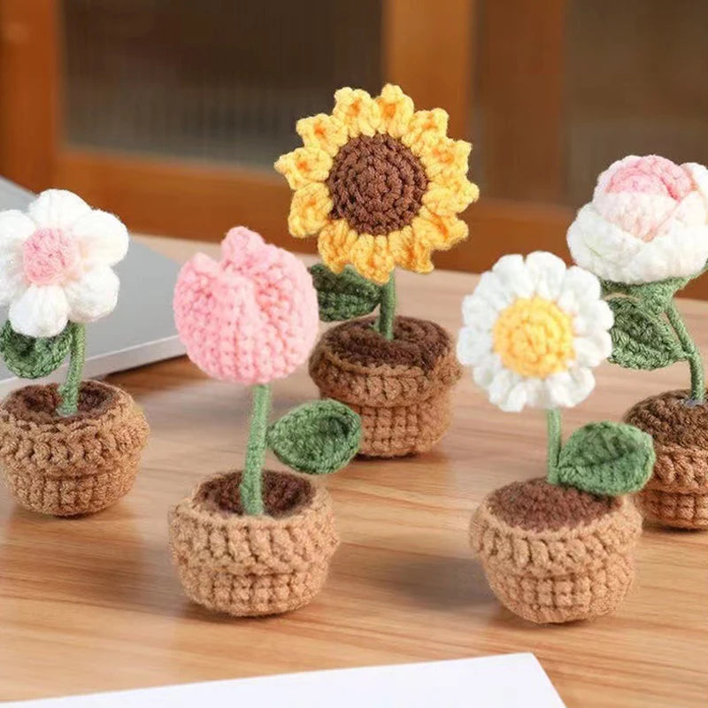 Hand-Knitted Crochet Potted Flowers