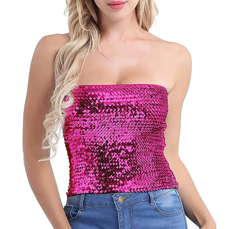 Women Sparkling Strapless Crop Top