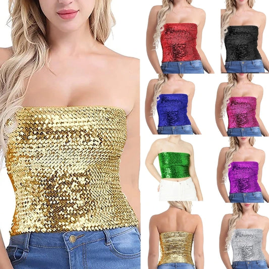 Women Sparkling Strapless Crop Top