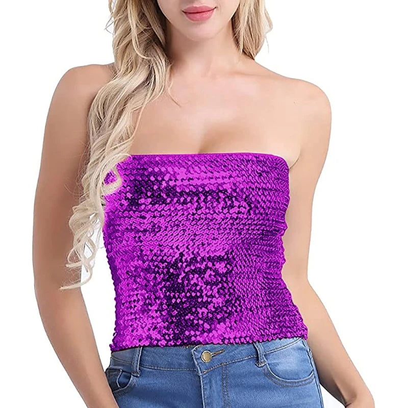 Women Sparkling Strapless Crop Top