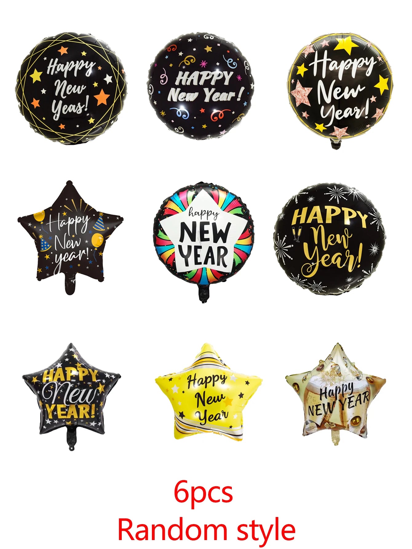 New Year Foil Balloons Black 6pcs